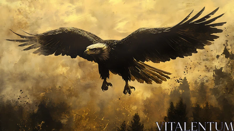 Majestic Bald Eagle Soaring Over Forest in Dramatic Digital Art.