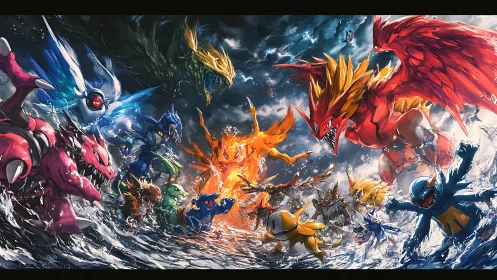 Legendary elemental creatures surge together in a roaring clash