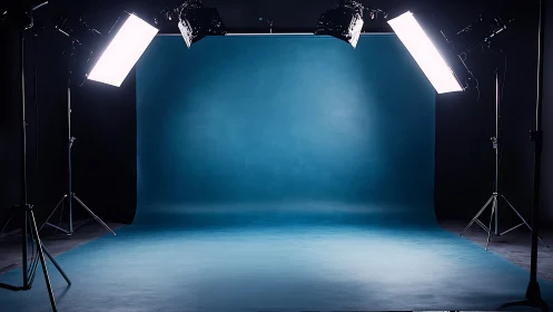 Studio backdrop awaits under softbox lights in dark room.