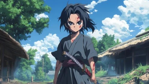 Young bloodied swordsman stands defiant in rural village path