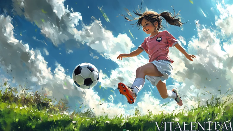 Young girl kicks soccer ball on bright grassy field.