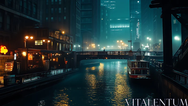 Foggy neon-lit canal in dense modern city at night.