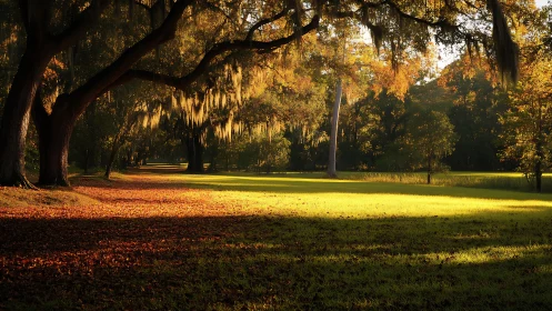 Golden park afternoon under graceful moss-draped oaks.