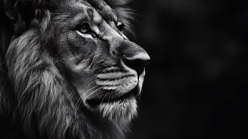 Monochrome lion profile portrait in dramatic side lighting.