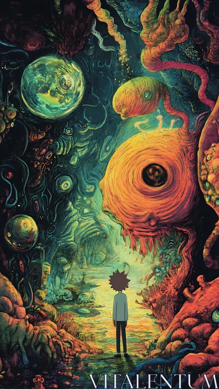 Boy stands in glowing alien corridor facing giant eye