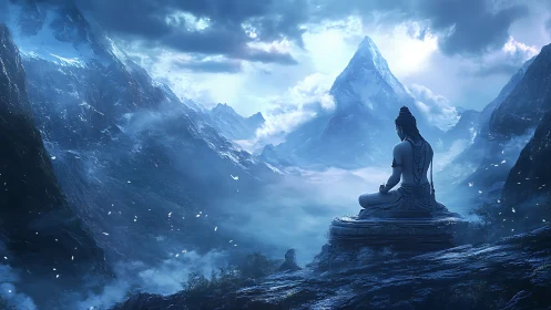 Meditating figure seated before vast icy mountain range.