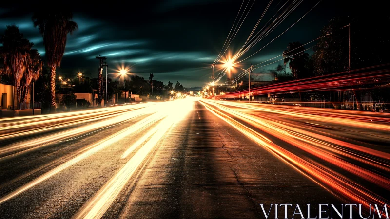 Midnight city street glowing with streaming light trails.