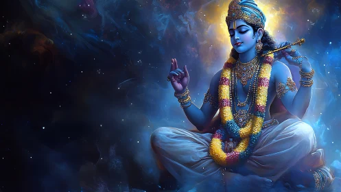Blue-skinned seated figure holds flute in cosmic backdrop