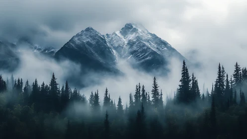 Misty mountain pines holding quiet secrets in cold air.