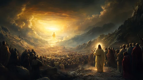Digital painting of prophetic mountain gathering in radiant light.