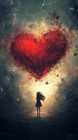 Solitary figure stands beneath glowing red heart.