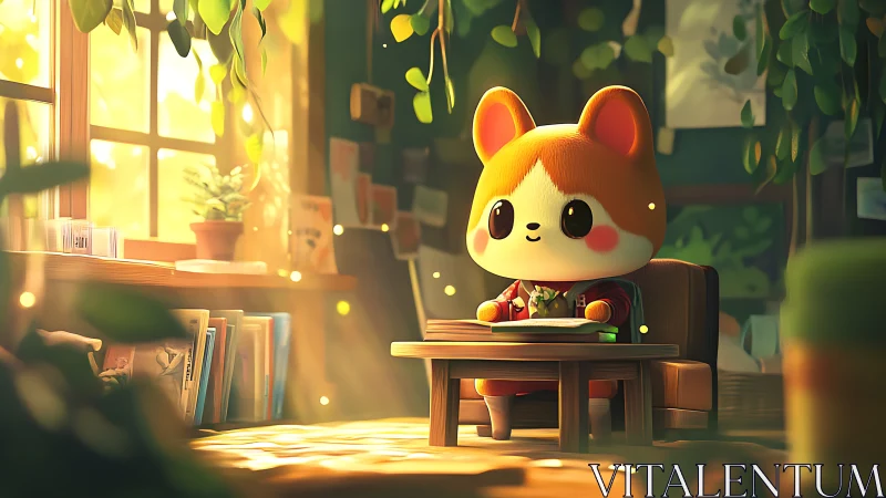 Digital painting of cozy chibi fox studying in sunlit studio.