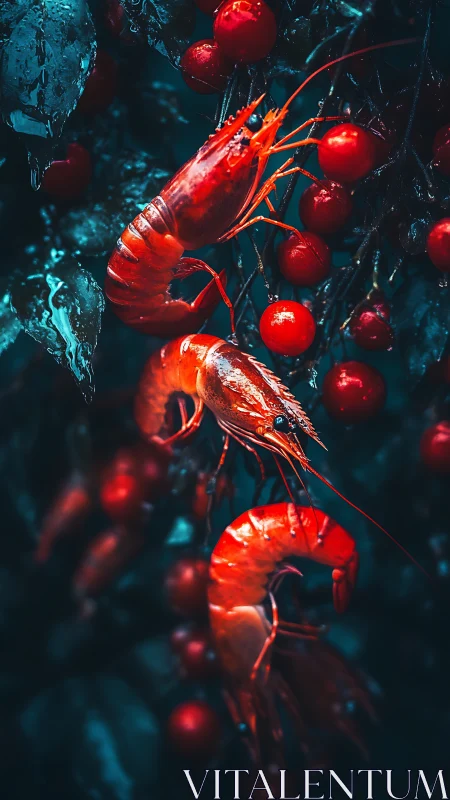 Neon crustaceans entwined with berries in cinematic macro study.