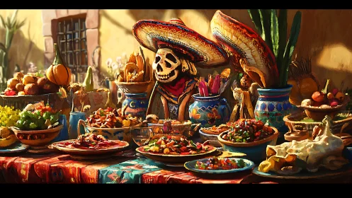 Skeleton in sombrero observes colorful Mexican food spread