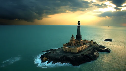 Stormlit sea fortress cradling a solitary watchtower at dusk.