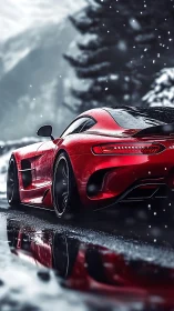 Red supercar glides through snowy mountain road at dusk.