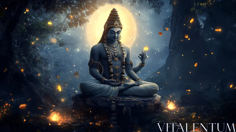 Soft moonlit deity meditates in a glowing forest sanctuary