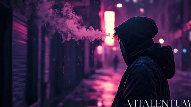 Neon-soaked hooded figure exhaling vapor in rainy alleyway.