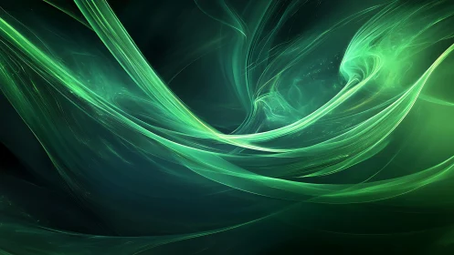 Abstract green energy waves flowing on dark background, digital art.