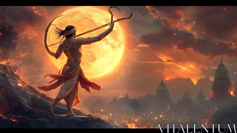 Warrior archer silhouetted against burning full moon.