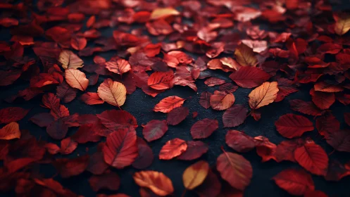 Crimson autumn leaves gently scattered on a quiet path.