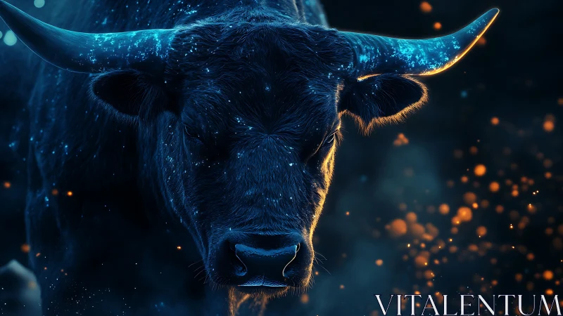 Starlit cosmic bull glowing softly in a dreamy nightscape.
