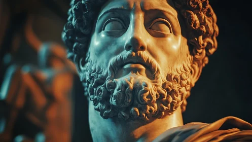 Marble bearded statue head rendered with dramatic lighting
