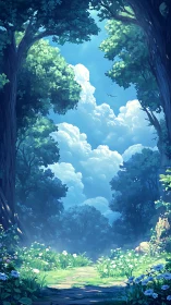 Forest Clearing with Sky Opening Through Canopy.