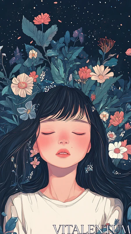 Dreaming girl lies in nocturnal garden of wildflowers.