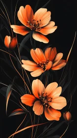 Orange Cosmos Flowers Against Black Background.