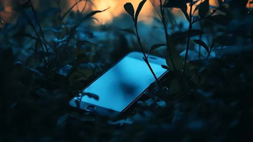 Smartphone surrounded by silhouetted vegetation at dusk