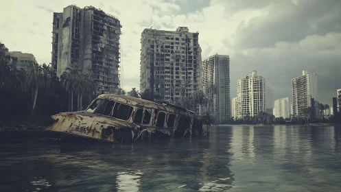 Rust-sunk bus and quiet ruins beneath brooding city skies.