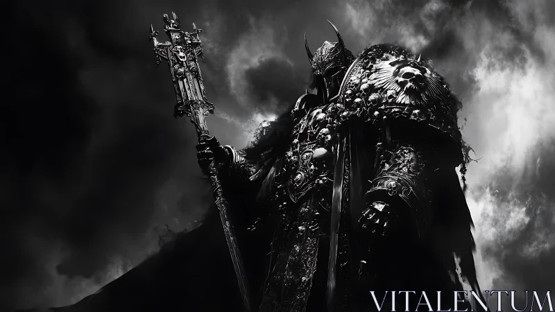 Armored warlord stands in skull plate armor under storm clouds