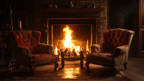 Symmetrical Interior with Active Fireplace and Winged Seating.