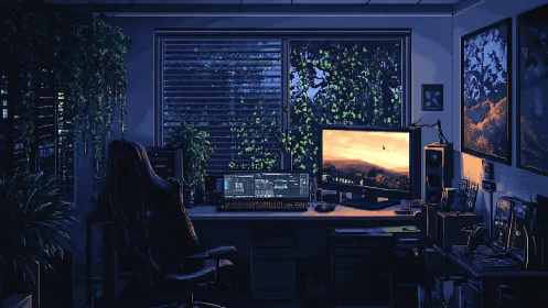 Moody dual-monitor workspace glows in twilight pixels.