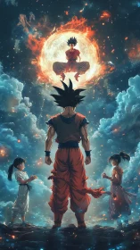 Celestial warrior levitates in blazing aura above starry clouds.