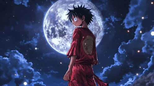 Moonlit anime wanderer in red robes beneath luminous sky.