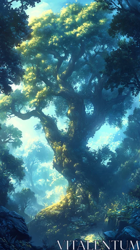 Luminous ancient tree within forested canyon environment.