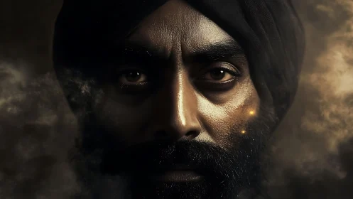 Glimmering gaze in swirling dusk and quiet golden embers.