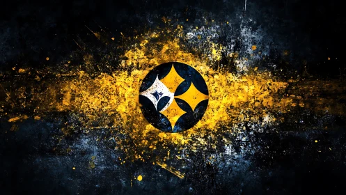 Radial geometric emblem with yellow splatter energy burst field