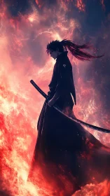 Emberlit samurai silhouette walks through rising crimson fire.
