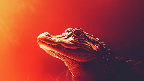 Crocodile basks in molten sunset glow like sculpted ember