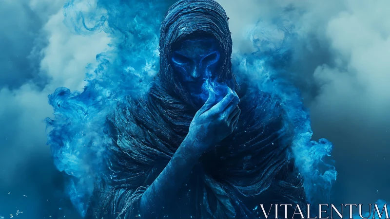 Spectral blue wraith emerging from swirling smoke veil.
