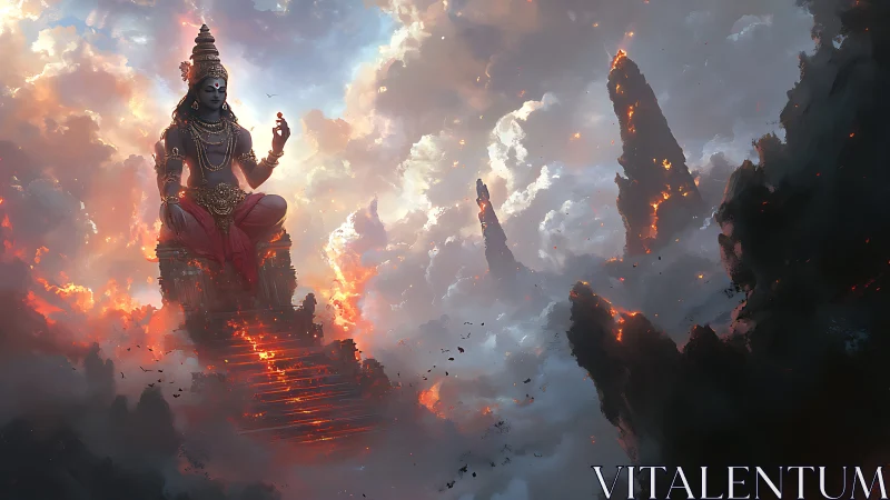 Divine deity seated above volcanic clouds in cinematic fantasy