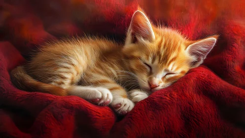 Adorable Tabby Kitten Napping on Cozy Red Blankets