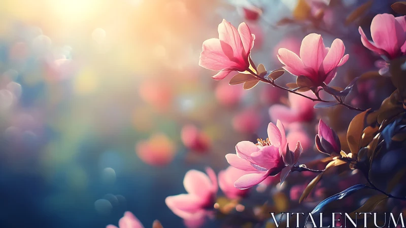 Blushing Magnolia Blossoms Dance in Dreamlike Dawn Glow.