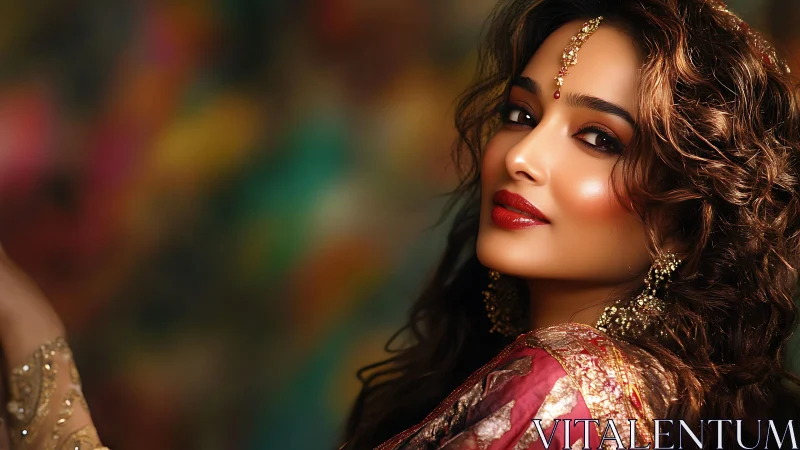 Radiant woman in jeweled sari sharing a soft, playful smile.