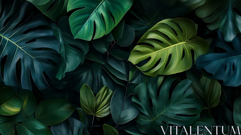 Dense overlapping tropical leaves in deep green tones.