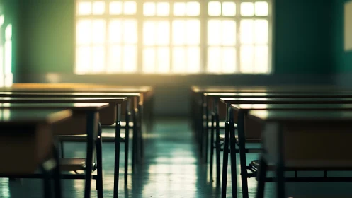 Empty classroom interior catches soft evening window light