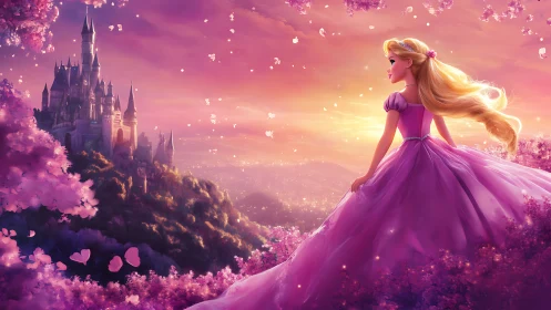 Golden haired princess in lilac gown overlooking castle at dusk.